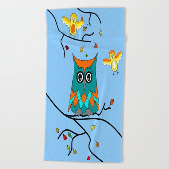 Owl And Birds Beach Towel