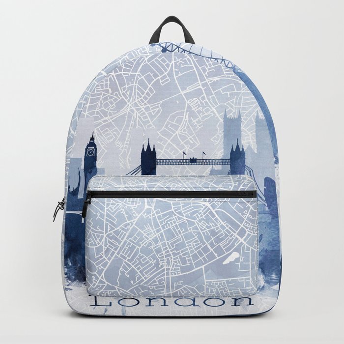 London Skyline Map Watercolor Navy Blue, Print by Zouzounio Art Backpack