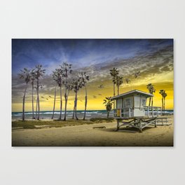 Lifeguard Station with Palm Trees on Cabrillo Beach at Sunset Canvas Print