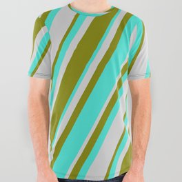 [ Thumbnail: Turquoise, Light Grey & Green Colored Lines/Stripes Pattern All Over Graphic Tee ]