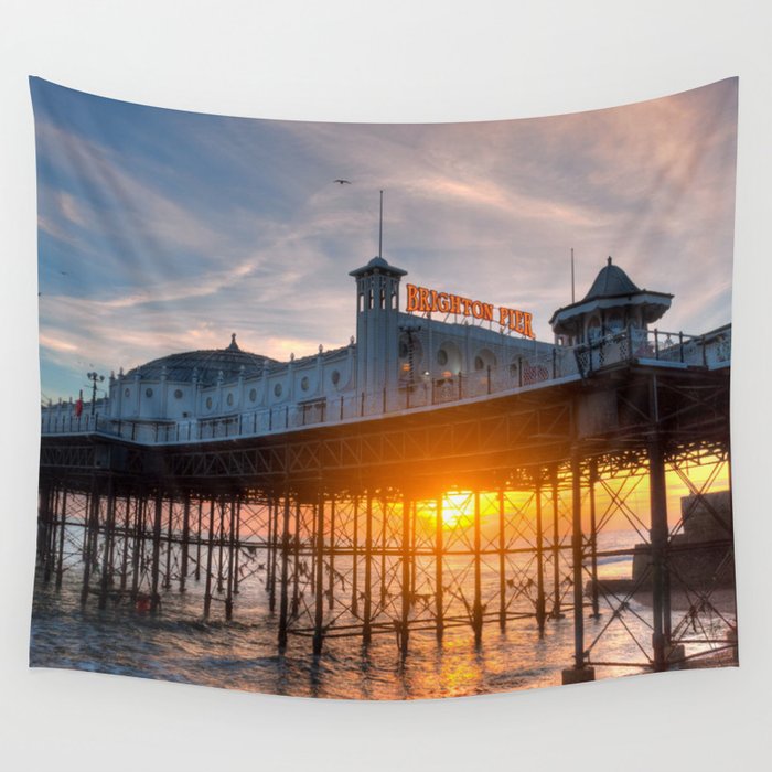 Great Britain Photography - Sunset Over Brighton Palace Pier Amusement Park Wall Tapestry