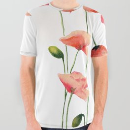 Poppies Watercolor White Background  All Over Graphic Tee