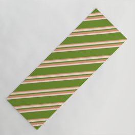 [ Thumbnail: Beige, Green & Dark Salmon Colored Striped/Lined Pattern Yoga Mat ]