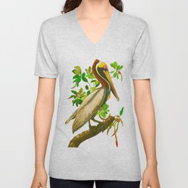 Brown Pelican Vintage Illustration V Neck T Shirt