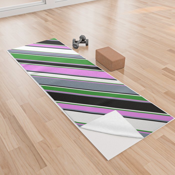 Eye-catching Forest Green, Violet, Light Slate Gray, Black & White Colored Striped/Lined Pattern Yoga Towel