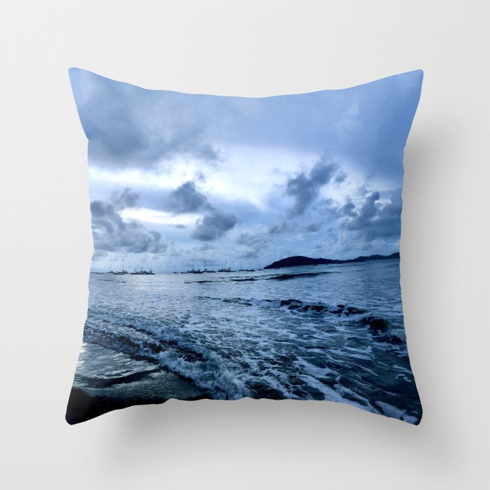 Blue and Silver Sunset Shore Throw Pillow