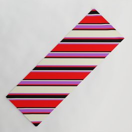 [ Thumbnail: Beige, Orchid, Red & Black Colored Striped/Lined Pattern Yoga Mat ]