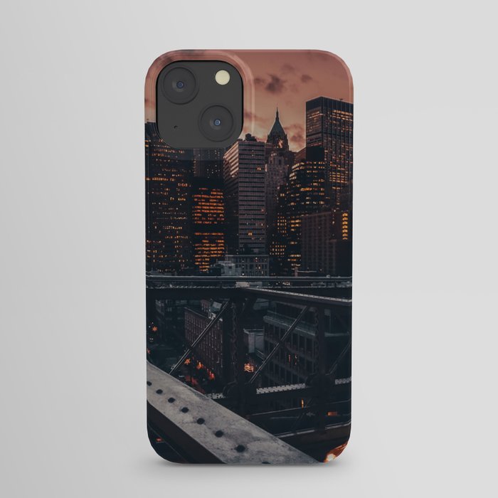 New York City Manhattan Skyline and Brooklyn Bridge with a yellow taxi at sunset iPhone Case