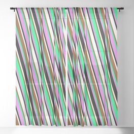 [ Thumbnail: Eyecatching Brown, Green, Violet, Black & White Colored Pattern of Stripes Sheer Curtain ]