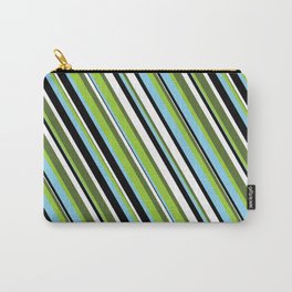 [ Thumbnail: Eye-catching Dark Olive Green, Green, Sky Blue, Black & White Colored Stripes/Lines Pattern Carry-All Pouch ]
