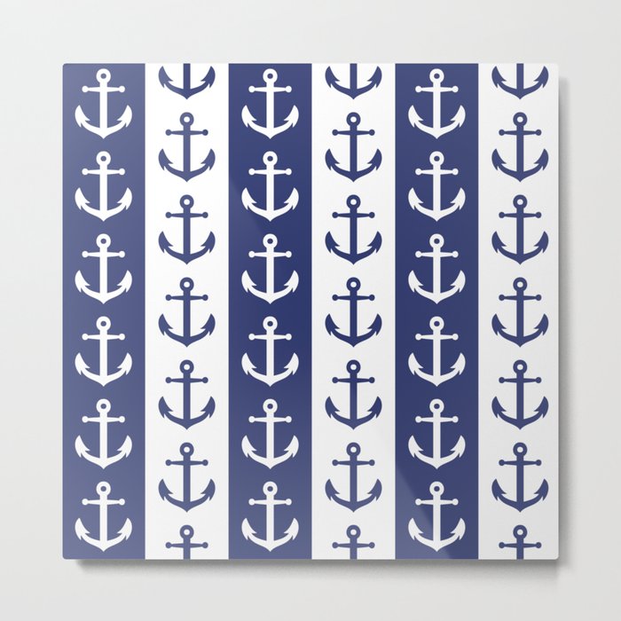 Retro Navy Anchor and Stripes Pattern 228 Navy Blue Metal Print