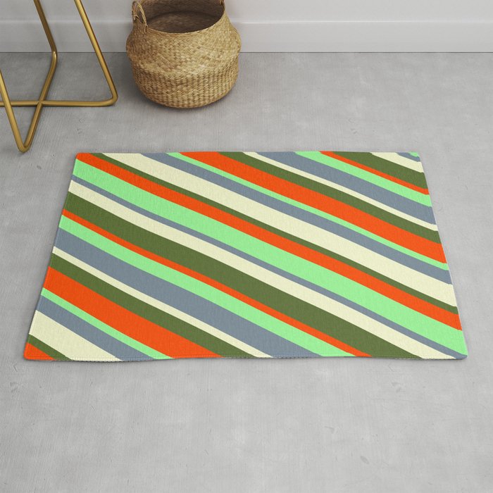 Eyecatching Green, Light Slate Gray, Light Yellow, Dark Olive Green, and Red Colored Lined Pattern Rug