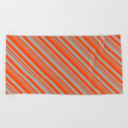 [ Thumbnail: Red & Dark Grey Colored Striped/Lined Pattern Beach Towel ]