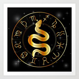 Zodiac symbols astrology signs with mystic serpentine in gold Art Print