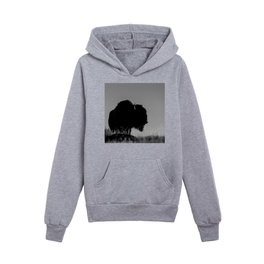 Bison Looking Over the Prairie in Black and White Kids Pullover Hoodies