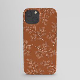 Delicate White Leaves and Branch on a Rust Orange Background iPhone Case
