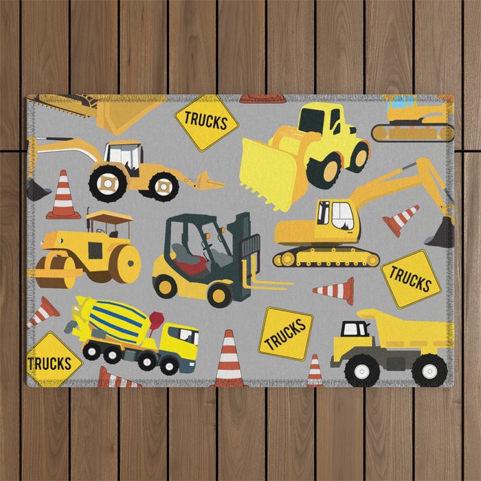 Construction Trucks Pattern Excavator, Dump Truck, Backhoe and more. Outdoor Rug by iDove