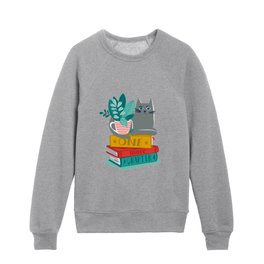 One more chapter // aqua background grey cat striped mug with plants red green and yellow books  Kids Crewneck