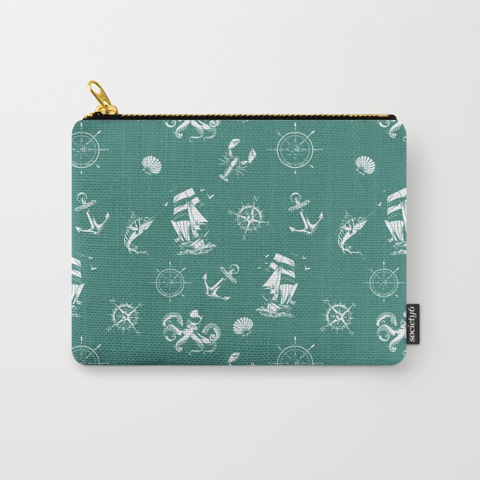Green Blue And White Silhouettes Of Vintage Nautical Pattern Carry-All Pouch