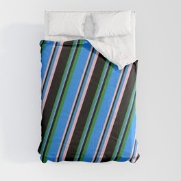 [ Thumbnail: Blue, Pink, Black, and Forest Green Colored Striped Pattern Comforter ]
