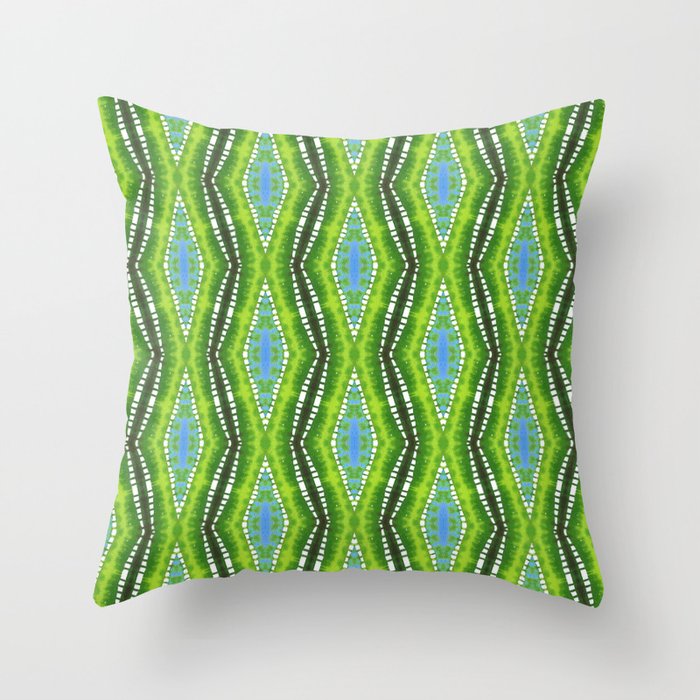 Green and Blue Tie Dye Batik Boho Stripes | Summer Festival Throw Pillow