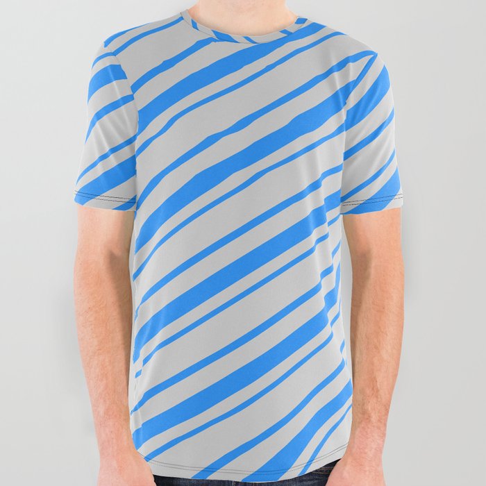 Light Gray & Blue Colored Lined Pattern All Over Graphic Tee