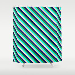 [ Thumbnail: Beige, Blue, Forest Green, and Cyan Colored Stripes/Lines Pattern Shower Curtain ]
