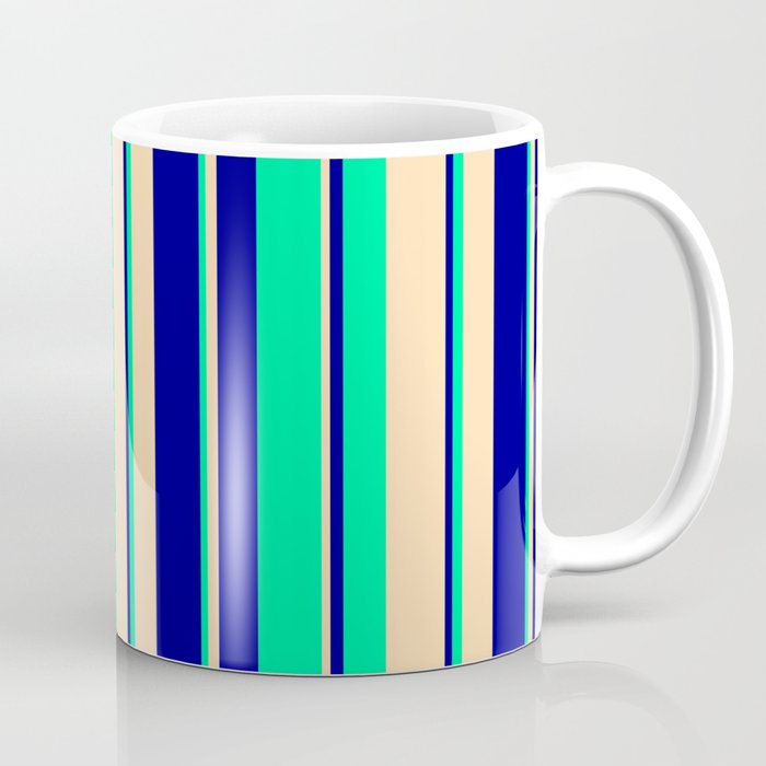 Tan, Dark Blue & Green Colored Stripes/Lines Pattern Coffee Mug