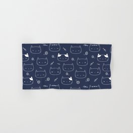 Navy Blue and White Doodle Kitten Faces Pattern Hand & Bath Towel