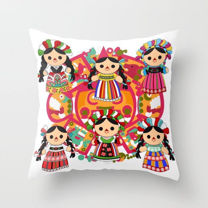 Mexican Dolls Throw Pillow