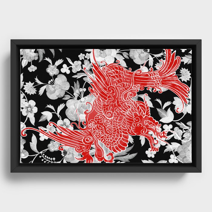 Asian Dragon on Black Floral Framed Canvas