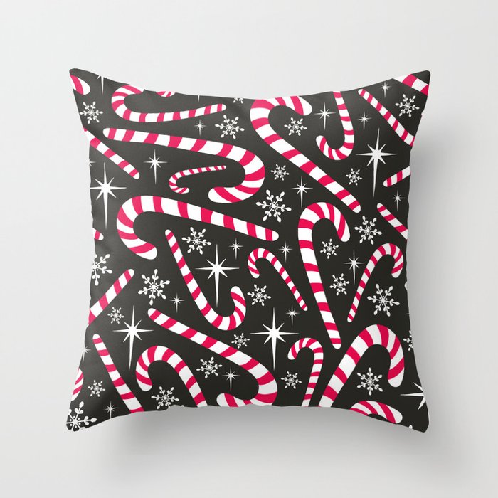 Christmas Candy Canes Black Throw Pillow