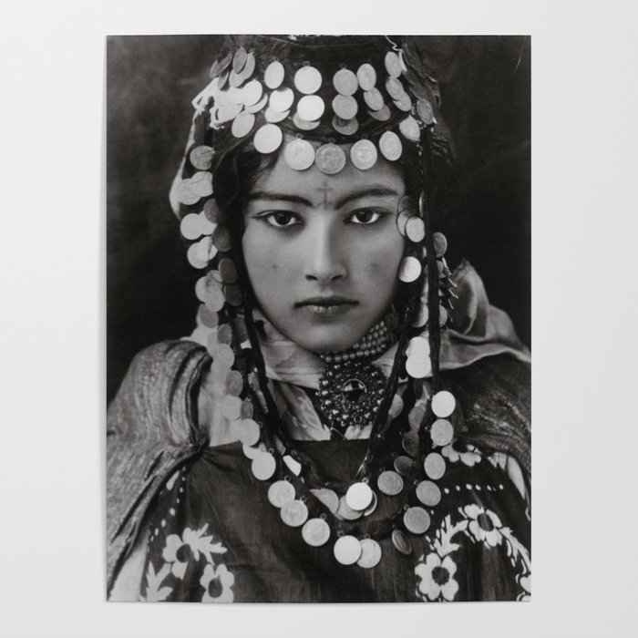 Ouled Naïl tribe Algerian Girl, 1905 with tattoos and traditional jewelry black and white photograph Poster