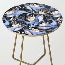 Watercolor Blue Whales with Flowers - Florals Whales Marine Side Table