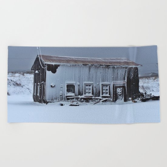 Snow Caked Barn Beach Towel