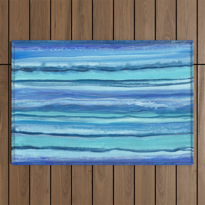 Blue Ocean Watercolor Stripes Outdoor Rug