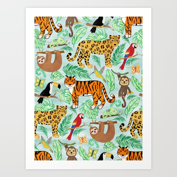 Wild And Wonderful Jungle Friends - Mint Green Background Art Print