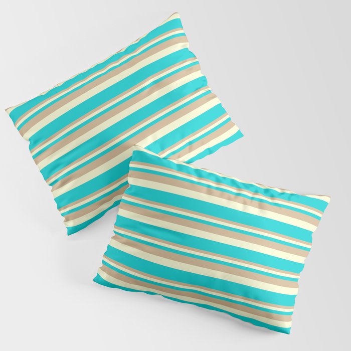 Tan, Light Yellow, and Dark Turquoise Colored Lined Pattern Pillow Sham