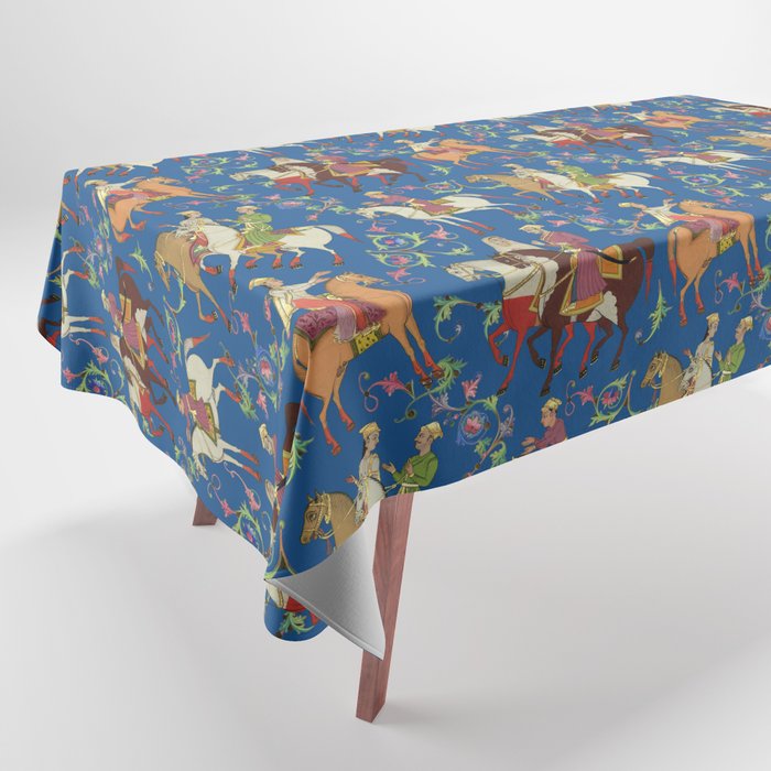 HORSE RIDING & ORIENTAL TRIBAL PATTERN - blue Tablecloth