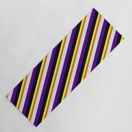 [ Thumbnail: Yellow, Chocolate, Lavender, Indigo, and Black Colored Lined Pattern Yoga Mat ]