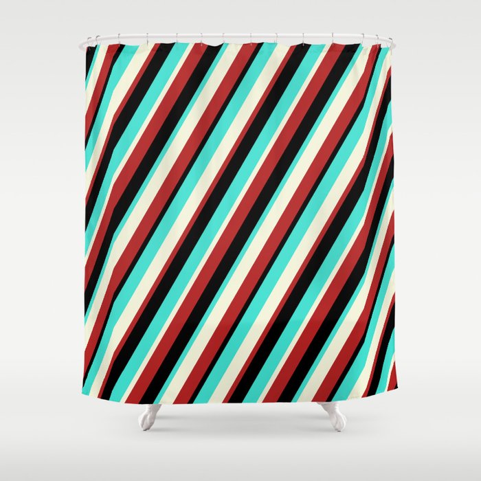 Turquoise, Beige, Red & Black Colored Pattern of Stripes Shower Curtain