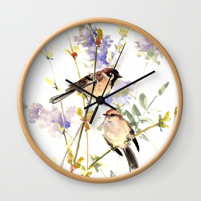 Sparrows and Spring Blossom Wall Clock