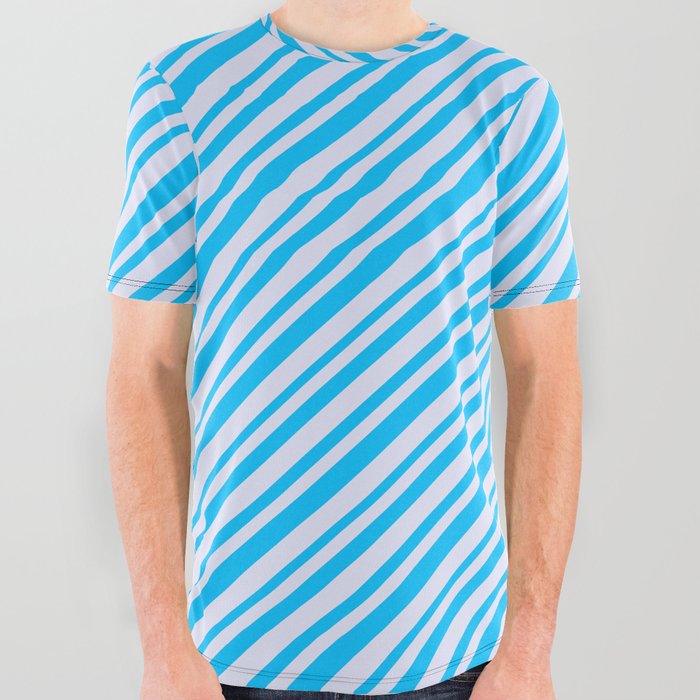 Lavender and Deep Sky Blue Colored Lines/Stripes Pattern All Over Graphic Tee