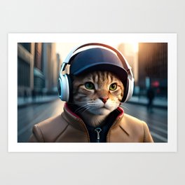 A cute teen cat wearing headphones and futuristic clothes Art Print