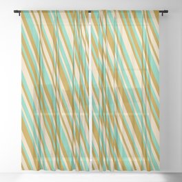 [ Thumbnail: Tan, Aquamarine & Dark Goldenrod Colored Striped/Lined Pattern Sheer Curtain ]