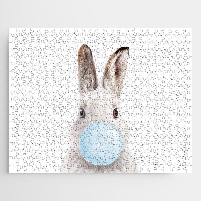 Baby Rabbit Blowing Blue Bubble Gum, Baby Boy, Kids, Nursery, Baby Animals Art Print by Synplus Jigsaw Puzzle