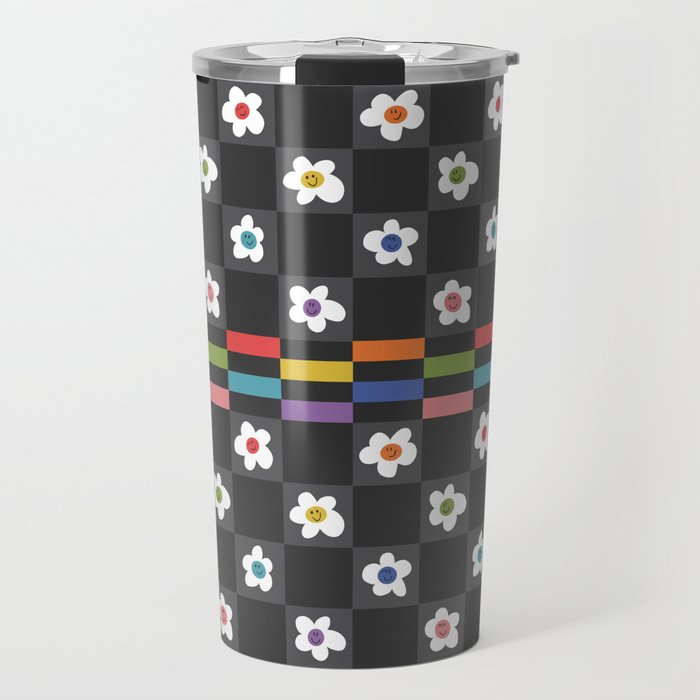 Rainbow Smileyface Checkerboard Pattern on black Travel Mug