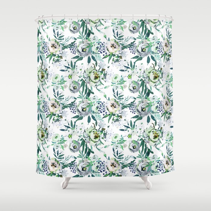 Country White Green Rustic Watercolor Floral Shower Curtain By