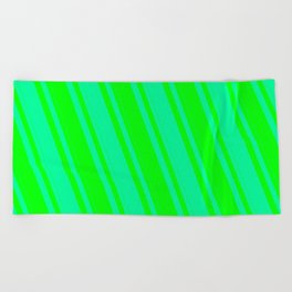 [ Thumbnail: Lime and Green Colored Lined Pattern Beach Towel ]
