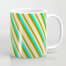 [ Thumbnail: Cyan, Green, and Tan Colored Striped Pattern Coffee Mug ]